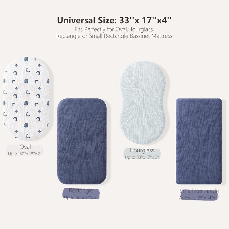 Bearmoss Bassinet Sheets - 2 Pack Muslin Cotton Bassinet Sheets Fits Oval and Rectangle Bassinet Mattress, Breathable and Skin-Friendly for Baby Boy and Girl (Light Blue&Royal Blue) - Image 2
